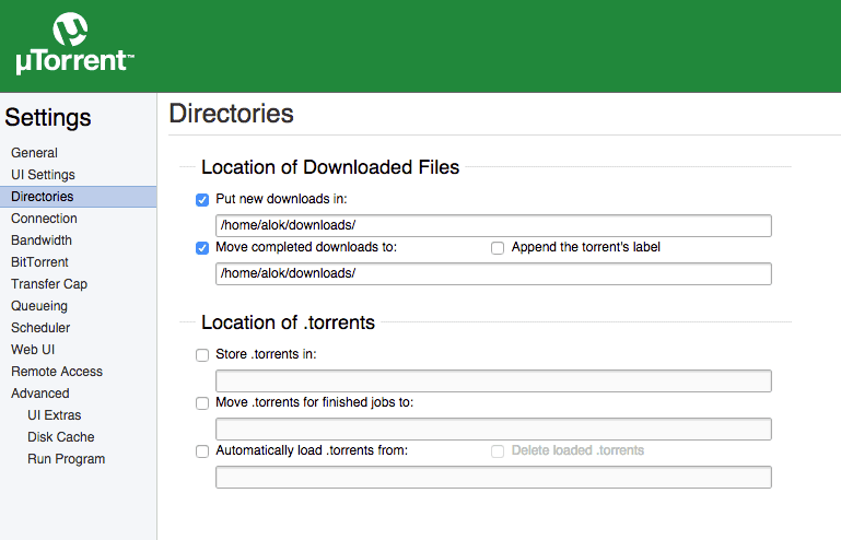 utorrent directory settings linux